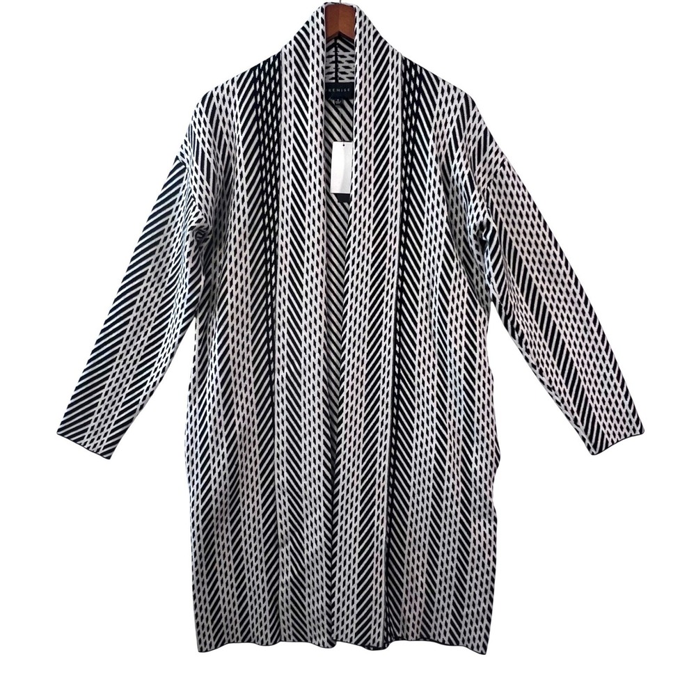 NWT Premise Women Black White Geometric Longline Cardigan Shawl Collar Pockets S